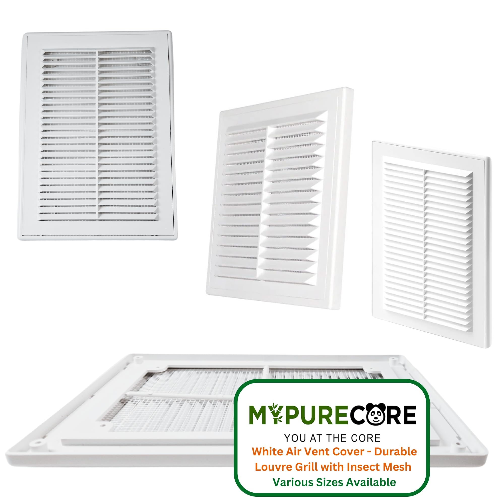 MYPURECORE White Air Vent Cover - Durable Louvre Grill with Insect Mesh - Wall Vents for Homes, Sheds, Tumble Dryers & Doors - Various Sizes (210mm x 210mm)