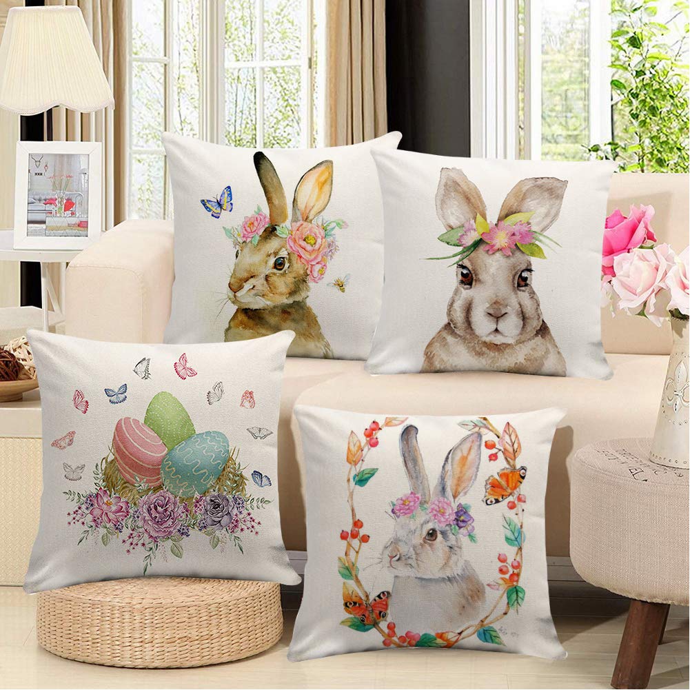 Johouse Easter Pillowcase, 4 Linen Easter Bunny Upholstered Sofa Pillowcases, 18 x 18 inch