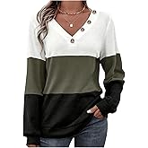SOLY HUX Women's Plus Size Color Block T Shirt V Neck Long Sleeve Button Tee Casual Fall Tops