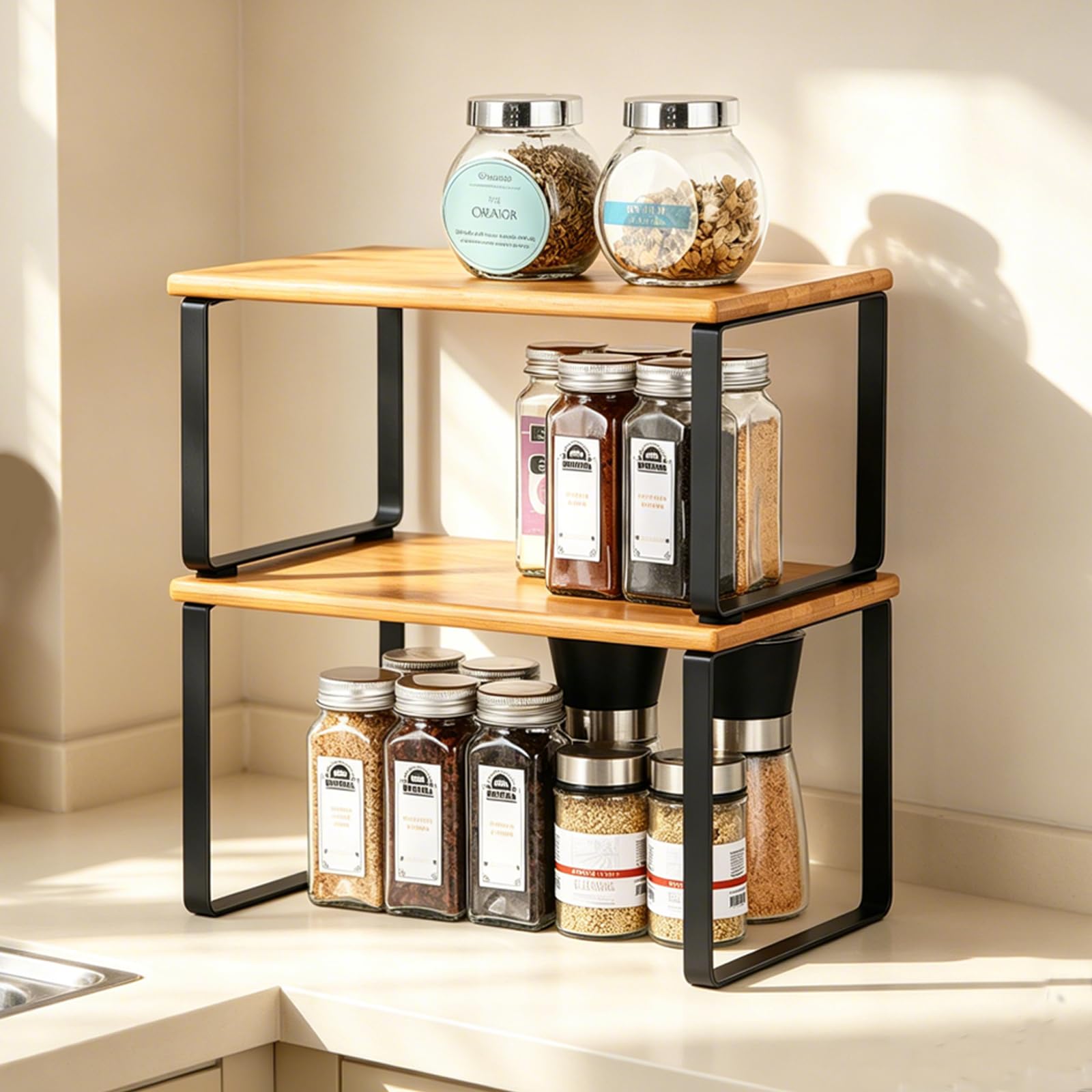 UOMIO Kitchen Cabinet Organiser Set of 2 Bamboo Kitchen Storage Shelves for Cupboard Countertop Spice Rack Expandable and Stackable with Black Metal Frame 2 Packs