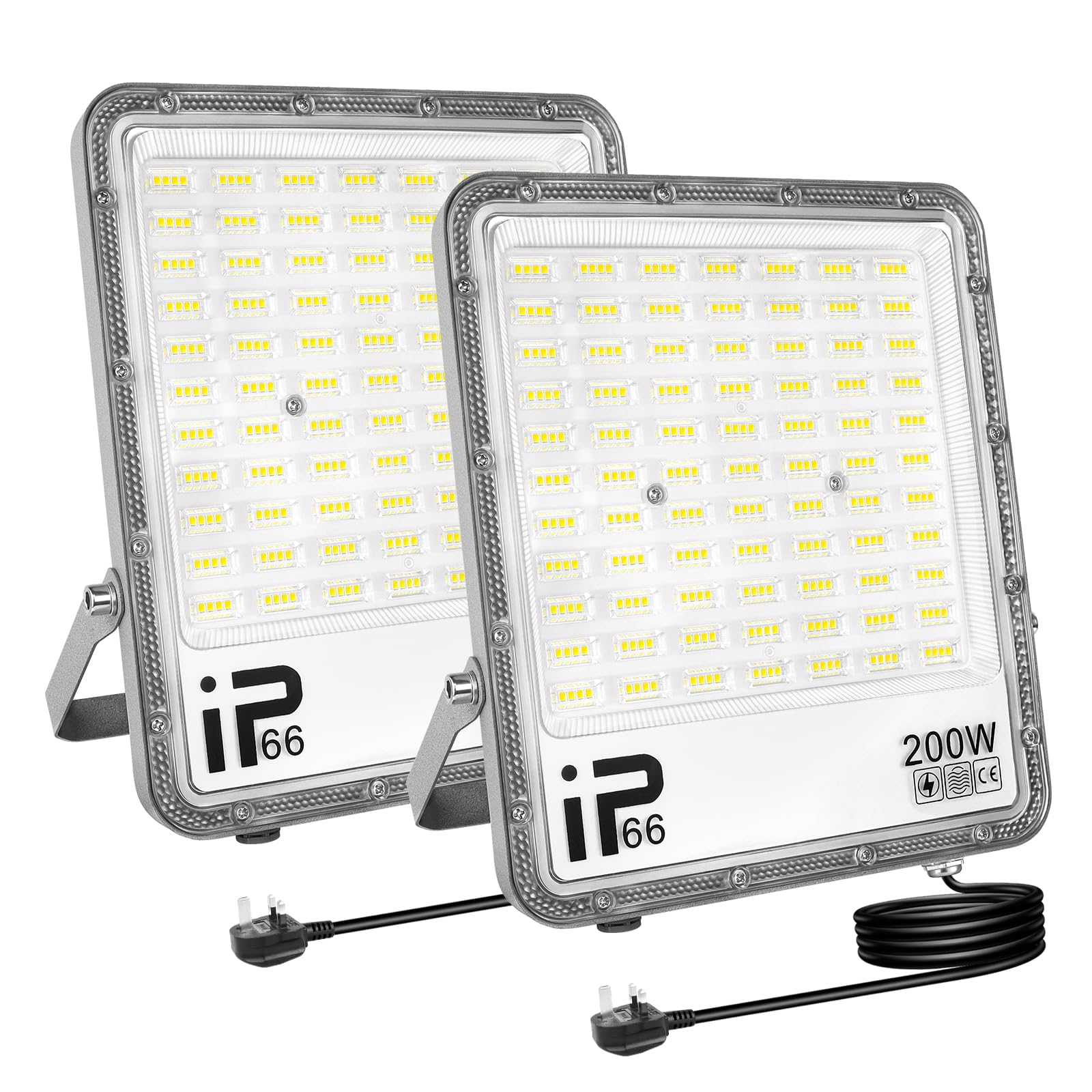 RIGIDON 2Pcs 200W LED Flood Light Outdoor with 1.5M Plug, 20000LM Super Bright Outdoor Lights 6000K Daylight White IP66 Waterproof Security Lights for Garden, Garage, Yard, Sports Ground, Patio, Porch