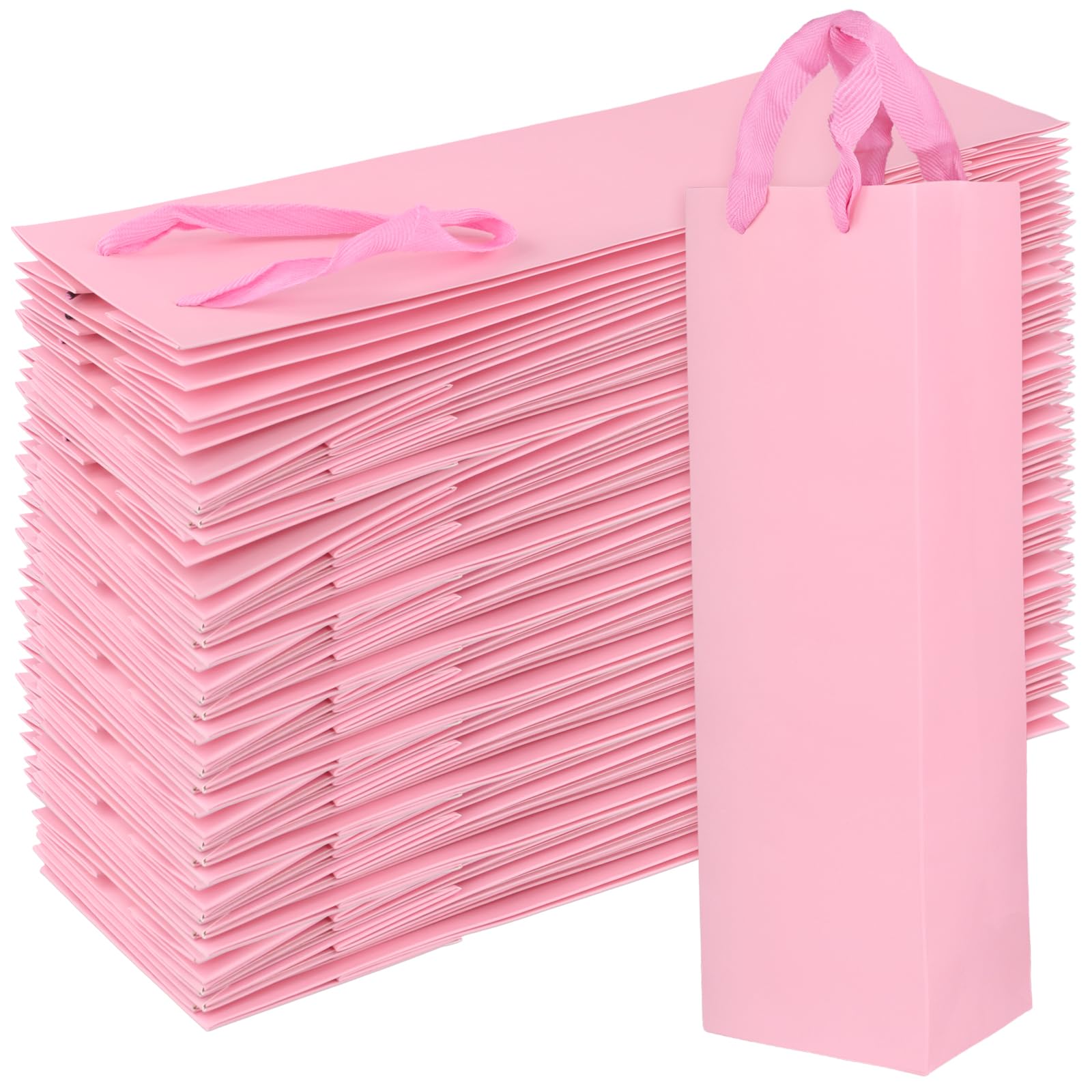 Photo 1 of MANCHAP 50PCS Pink Paper Wine Bags, 13.7 x 4.3 x 3.5 Inches Single Bottle Bag with Handle, Wine Carrier Bags for Business, Party