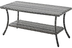 Pugire Patio Table Outdoor Coffee Tables - Rattan Wicker Coffee Table with 2-Tier Storage Shelf Rectangle for Outdoor Patio Porch Deck Balcony Garden(Mixed Grey/Wicker Top)
