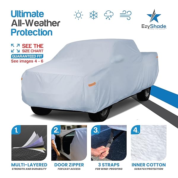 EZYSHADE 10-LAYER TRUCK COVER WATERPROOF ALL WEATHER. SEE VEHICLE SIZE-CHART FOR ACCURATE FIT. FULL OUTDOOR PICKUP TRUCK COVERS FOR F250 F150 TUNDRA TITAN. SUN WIND RAIN. SIZE T5 (SEE SIZECHART)