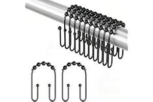 Shower Curtain Hooks, Black Rust Proof Non-Slip Double Hooks for Shower Curtain, Sturdy Metal Rings Bathroom 12Pcs