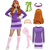 Daphne Costume Dress Women Adult Halloween Costume Deluxe Cosplay Outfits Wig Scarf Headband Stockings Accessories