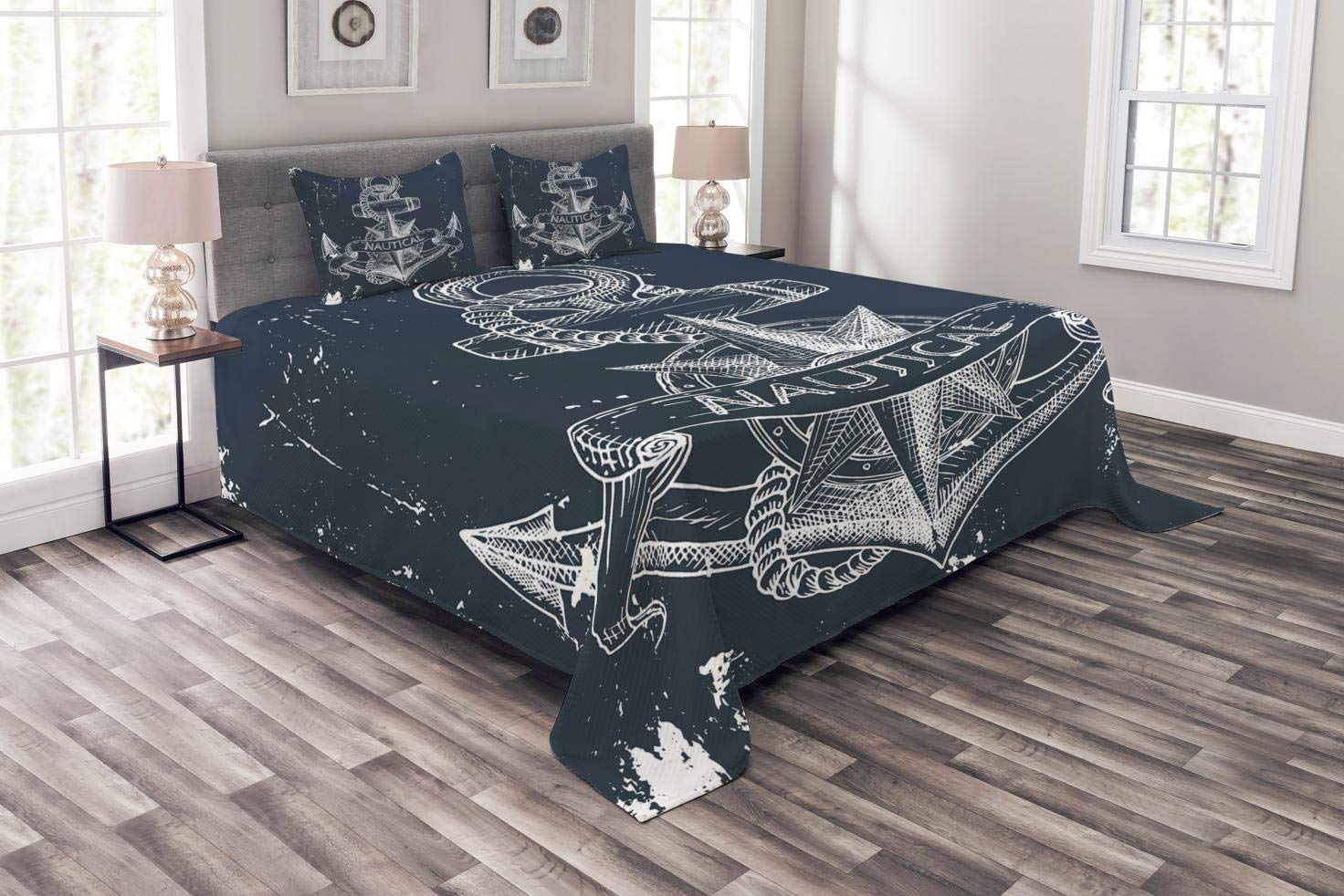 Ambesonne Marine Bedspread, Nautical Knot Compass Anchor Pattern Sea World Ocean Life Grunge Illustration, Decorative Quilted 3 Piece Coverlet Set with 2 Pillow Shams, King Size, Blue White