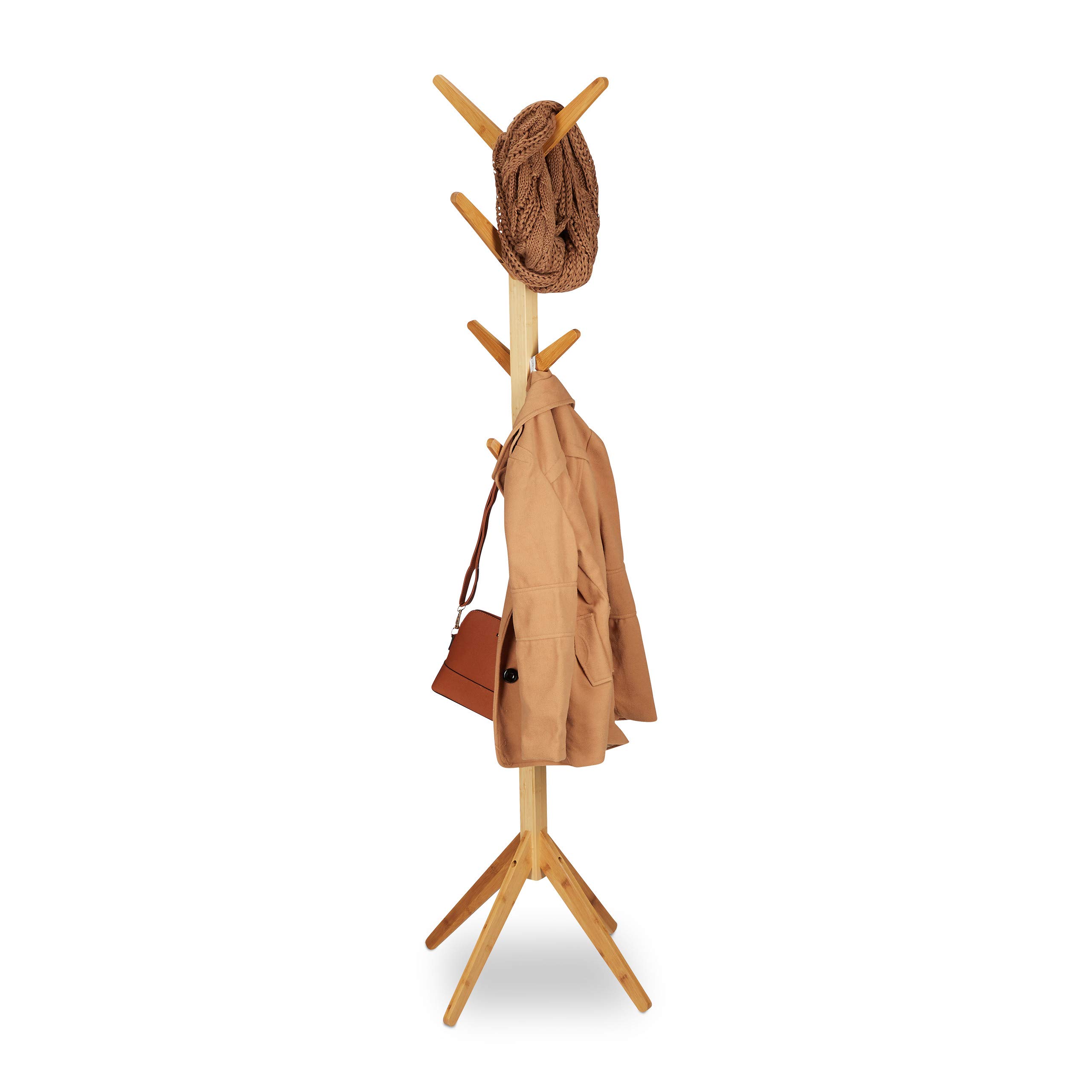 Relaxdays Bamboo Coat Rack, Garment Stand with 8 Hooks, Modern Hallway Tree, HxWxD: 179 x 40.5 x 40.5 cm, Natural
