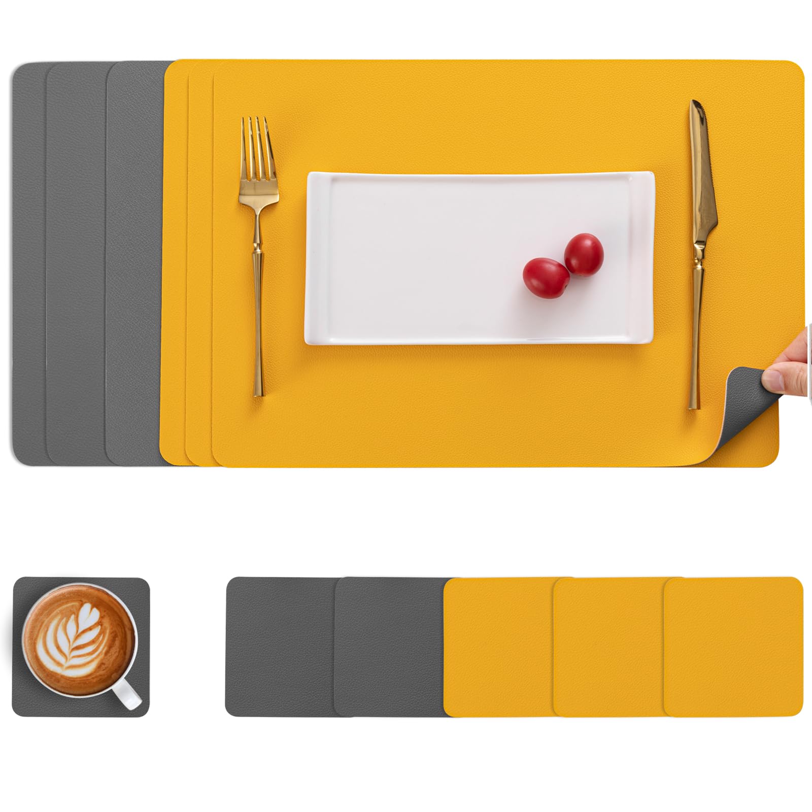 Myir JUN Leather Table Mats and Coasters, Dual-Sided Leather Placemats and Coasters Waterproof Placemats Set of 6 Place Mats Non-Slip Washable Table Mats (Grey Yellow, Set of 6)