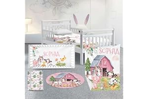 Custom Nursery Crib Bedding Set: Personalized Name 4 Piece Animal House Design Baby Crib Sets for Girls - Toddler Double Laye