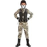 Kids Battle Soldier Costume | Boys Army Tactical Camouflaged Jumpsuit, Halloween Outfit with Skull Mask & Accessories