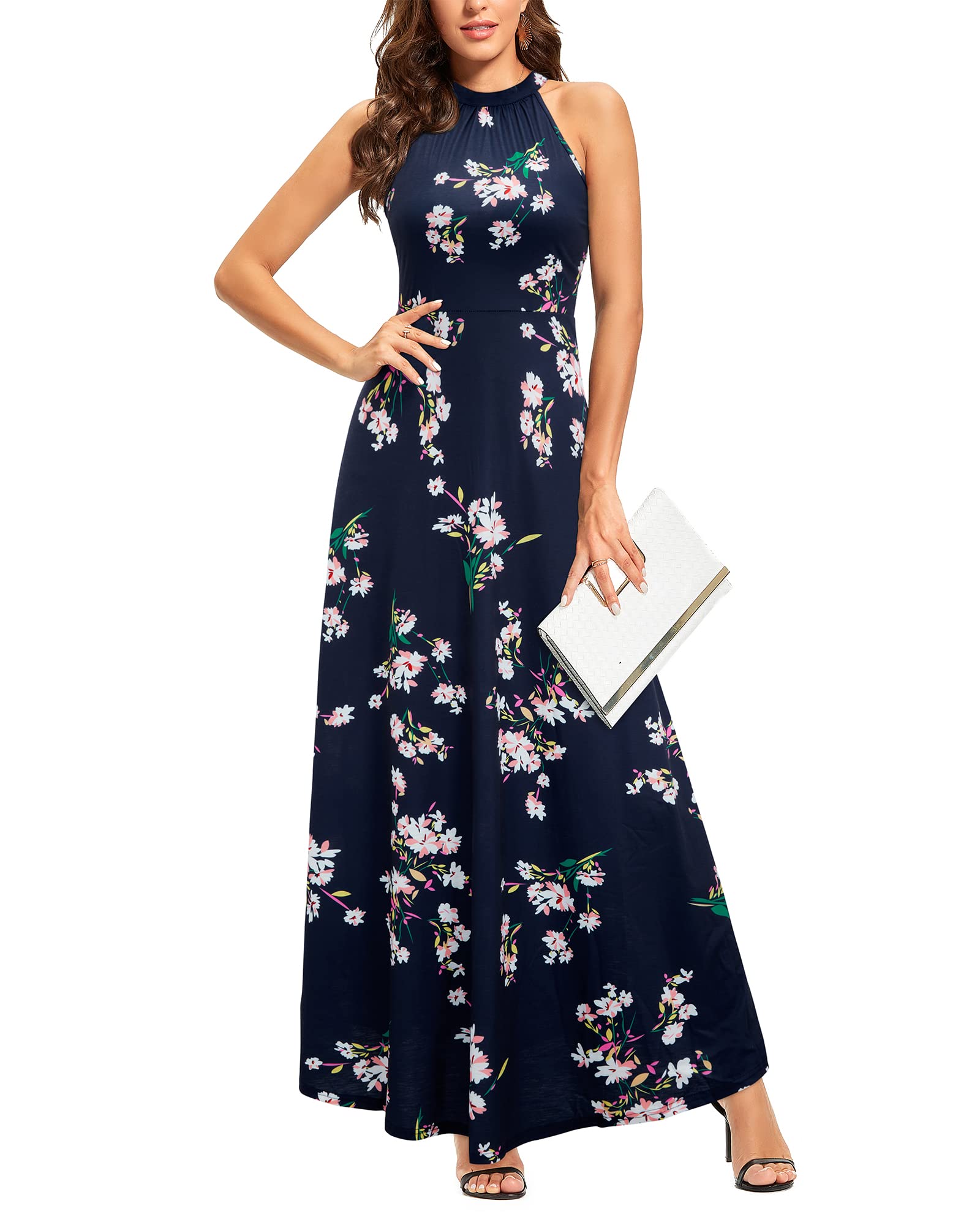 STYLEWORD Dames 2025 Zomer Maxi Jurk Dames Bloemen Halter Hals Mouwloos Strand Lange Zonnejurk met Zakken