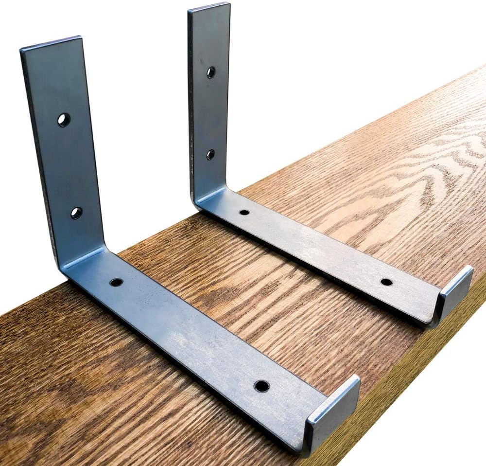 Made in USA by DIY CARTEL - Industrial Forged Steel Floating Shelf J Bracket with Lip - Heavy Duty Rustic Designed Brackets - Raw Hot Rolled Steel / Metal - 2 Pack (8-inch x 6-inch)