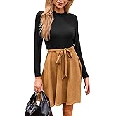 CUPSHE Women's Fall Dresses Long Sleeves Round Neck Casual Outfits A Line Work Belted Vacation Mini Sundress