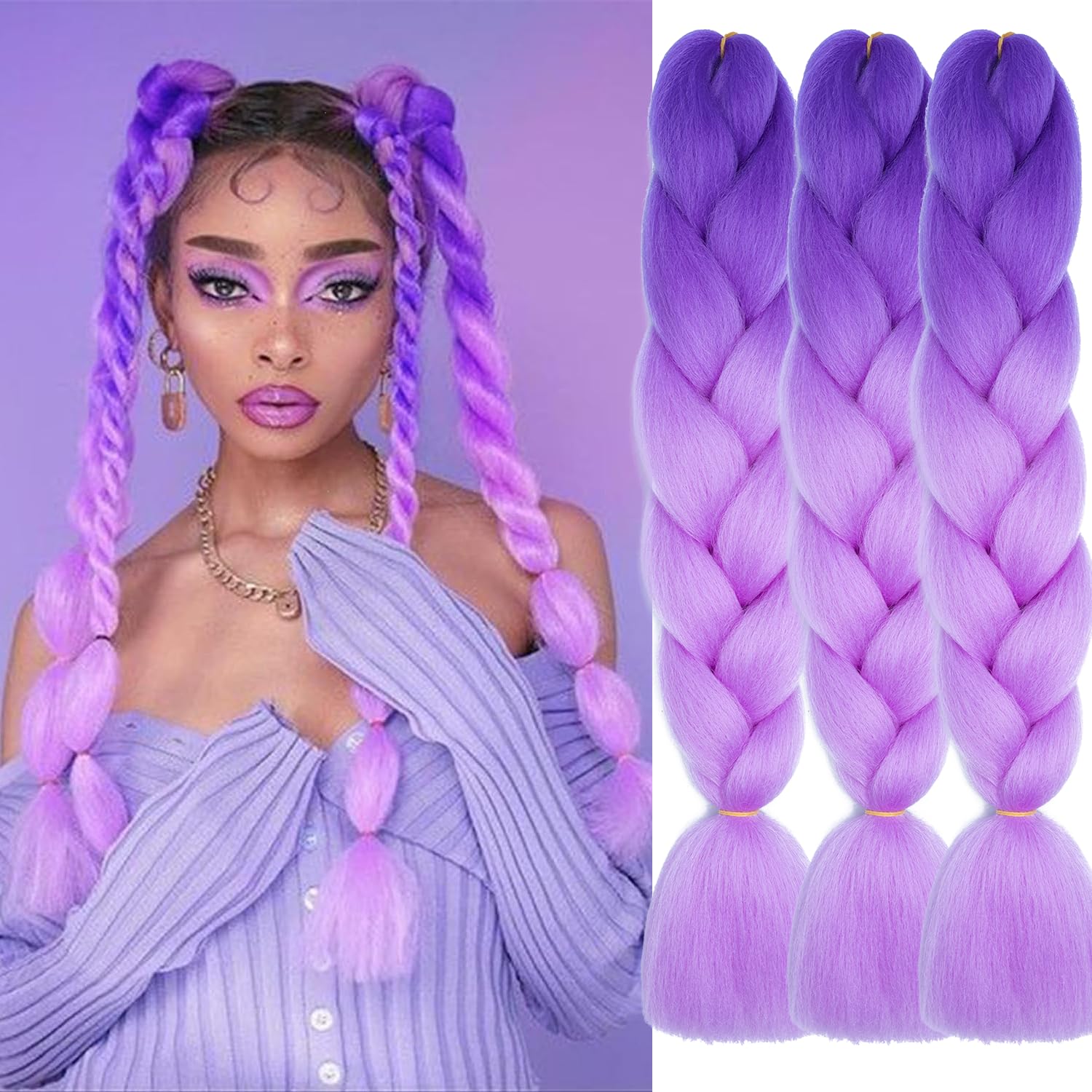 Xtrend 24 Inch 3 Packs Jumbo Braiding Hair Synthetic Ombre Braiding Hair High Temperature Synthetic Crochet Braids Hair Extensions for Women(3Packs,Ombre Dark Purple to Light Purple) — image 1