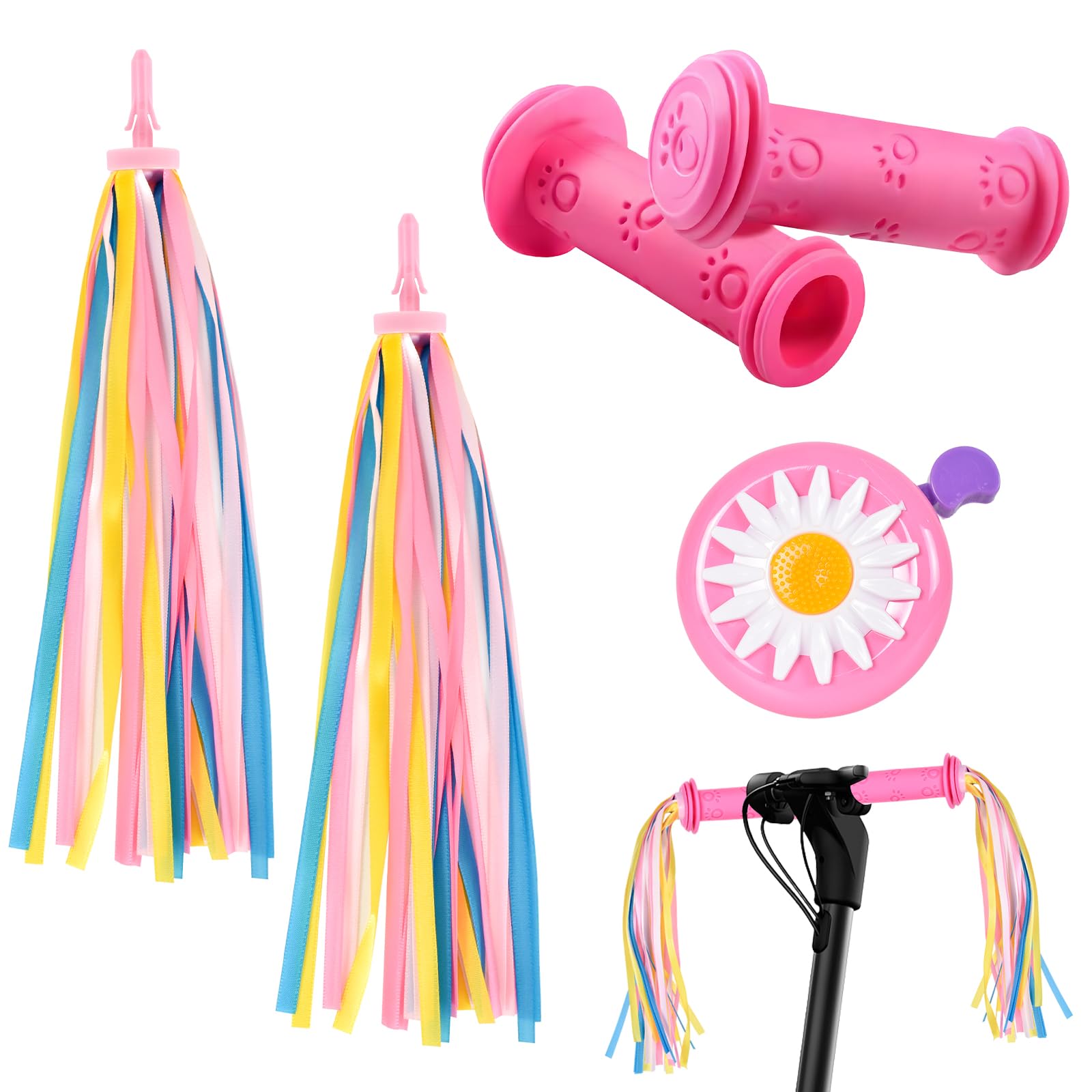 Kid's Rainbow Bike Streamers For Girls Boys,Bike Handlebar Grips, Bicycle Streamers with Bike Bell for Kids, Colorful Bicycle Grips Tassel Ribbons
