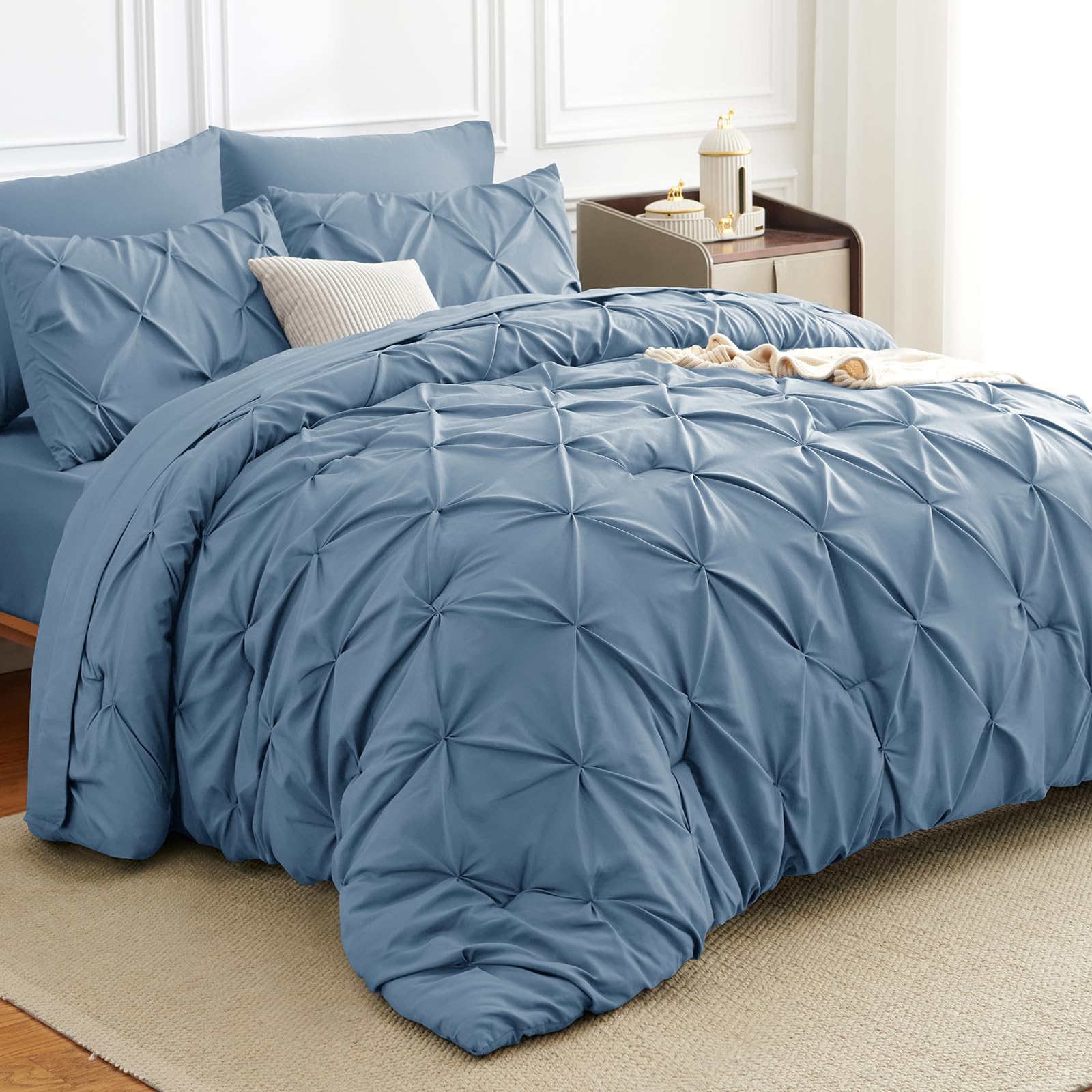 HIMEET Pintuck Bed in a Bag, 7 Pieces California King Comforter Set Grayish Blue, Cal King Pinch Bed Set, Soft All Season Bedding Sets with Comforter, Flat Sheet, Fitted Sheet and Pillowcases & Shams Image