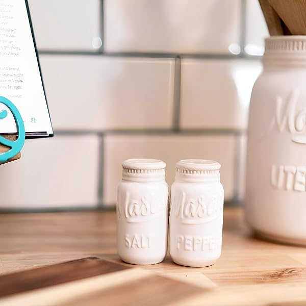 FARMHOUSE CANISTERS SETS FOR THE KITCHEN – MASON JAR CERAMIC KITCHEN UTENSIL HOLDER, SPOON REST, CUTE COOKIE JAR, SALT & PEPPER SHAKER SETS, SPONGE HOLDER, MEASURING CUPS & SPOONS (WHITE,17-PC BUNDLE)