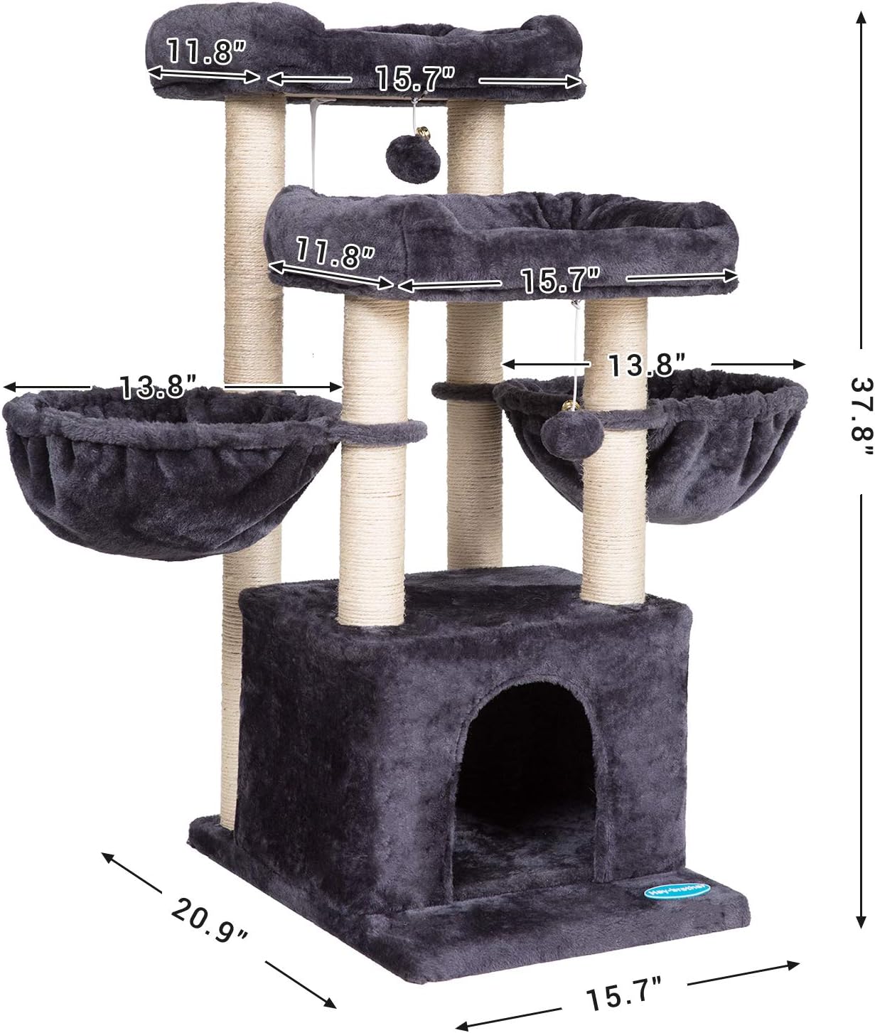 Hey-brother 37.8 inches Medium-Size Cat Tree for 3 Cats Use with Luxury Condo, Cat Tower with 2 Padded Plush Perches and 2 Cozy Baskets, Smoky Gray MPJ006G : Pet Supplies