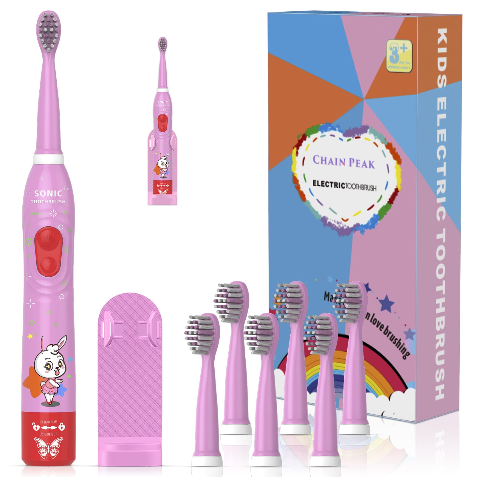Kids Sonic Electric Toothbrush, Rechargeable Smart Toothbrush for Children Toothbrush for Toddlers Boys Girls Age 3-12 with 30s Reminder, 2 Mins Timer, 6 Modes, 2 Brush Heads(8630 Pink+ 2 Heads)