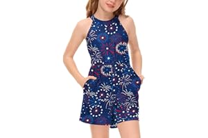 BesserBay Girls 4th of July Halter Neck Romper Summer Floral Sleeveless Jumpsuit with Side Pockets 6-14 Years