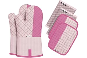 SHAWNTOO Oven Mitts and Pot Holders Sets 6pcs, Kitchen Oven Glove,High Heat Resistant 550 Degree Extra Long Oven Mitts and Potholders with Non-Slip Silicone Surface for Home Essentials (Grey) (Barbie Pink)