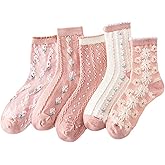 MarJunSep Cute Floral Crew Socks for Women Teen Girls Flower Cottagecore Frilly Vintage Fancy Cotton Socks