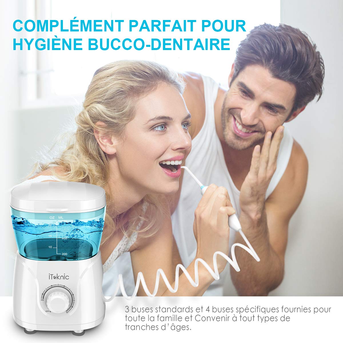 Hydropulseur Jet Dentaire Électrique iTeknic Irrigateur Dentaire Oral Professionnel avec 7 Buses de Rechange Rotation 360°, 10 Pressions Réglables et Réservoir d’Eau 600ML Hydropropulseur Hydrojet d’Eau Dentaire pour Soins Nettoyage Hygiène
