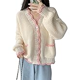 FindThy Women’s Cute Cardigan Sweater Kawaii V-Neck Long Sleeve Heart Button Color-Blocked Knit Outerwear