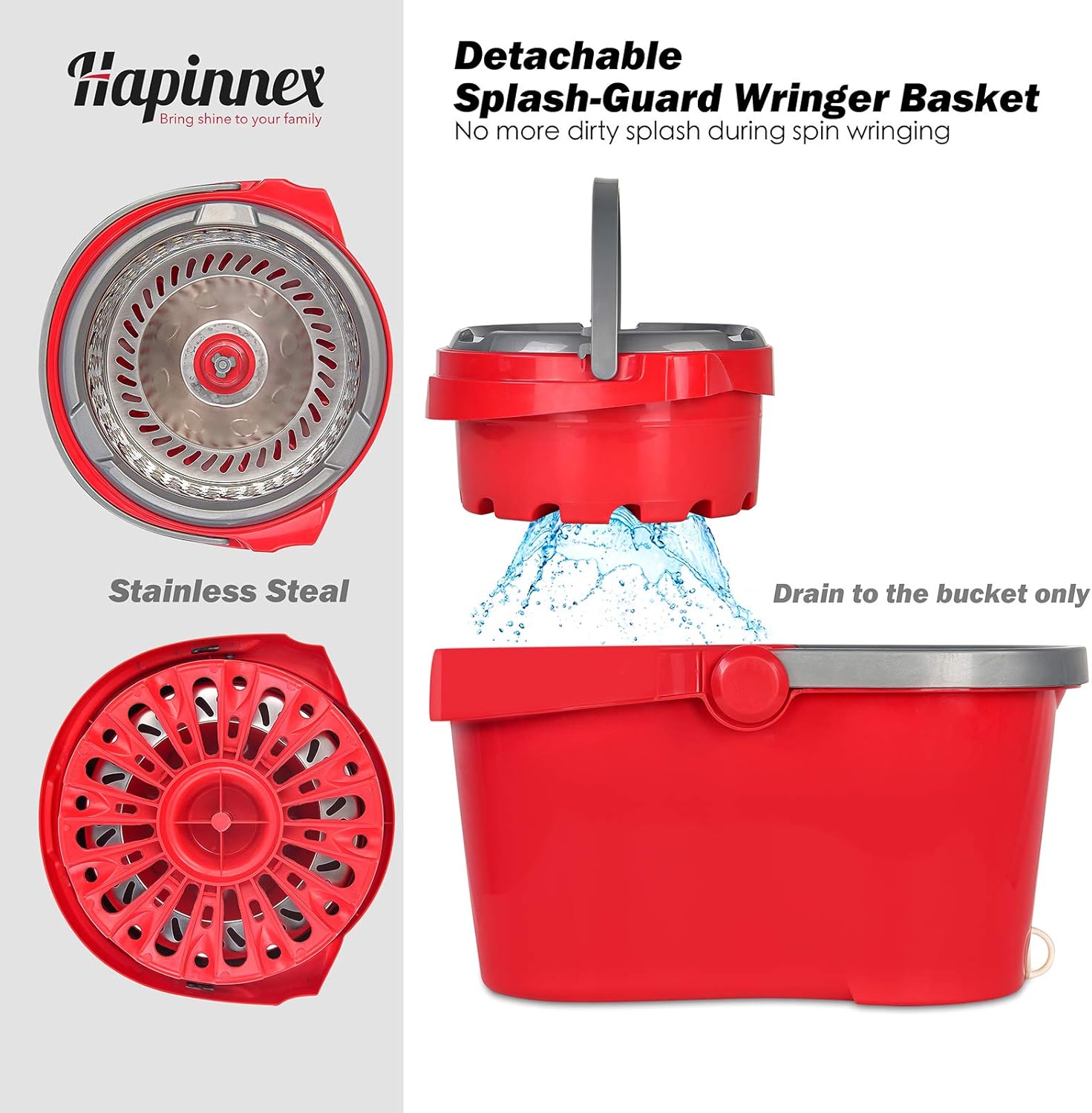 HAPINNEX Spin Mop Wringer Bucket Set - for Home Kitchen Floor Cleaning - Wet/Dry Usage on Hardwood & Tile - Upgraded Self-Balanced Easy Press System with 2 Washable Microfiber Mops Heads: Home & Kitchen