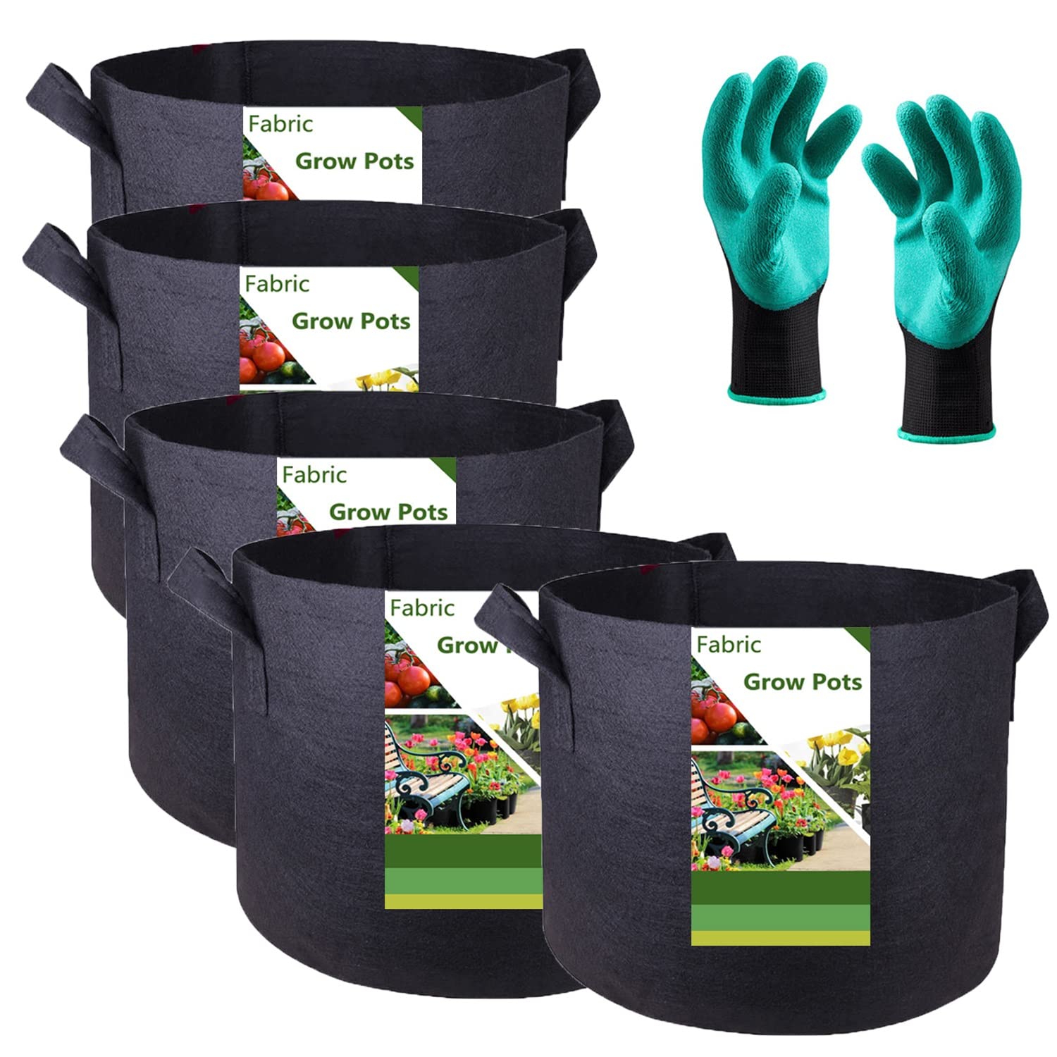 5-Pack 3 Gallon Thickened Plant Grow Bags (10x8 inch) Nursery Bags Fabric Plant Pots Garden Bag for Flower Pot,Herbs Veggies Planter Bag,Garden Pots,Barrel Planters,Plant Container W/ Gardening Gloves