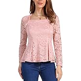 Allegra K Lace Tops for Women's Square Neck Long Sleeve Stertch Elegant Casual Peplum Blouse Top
