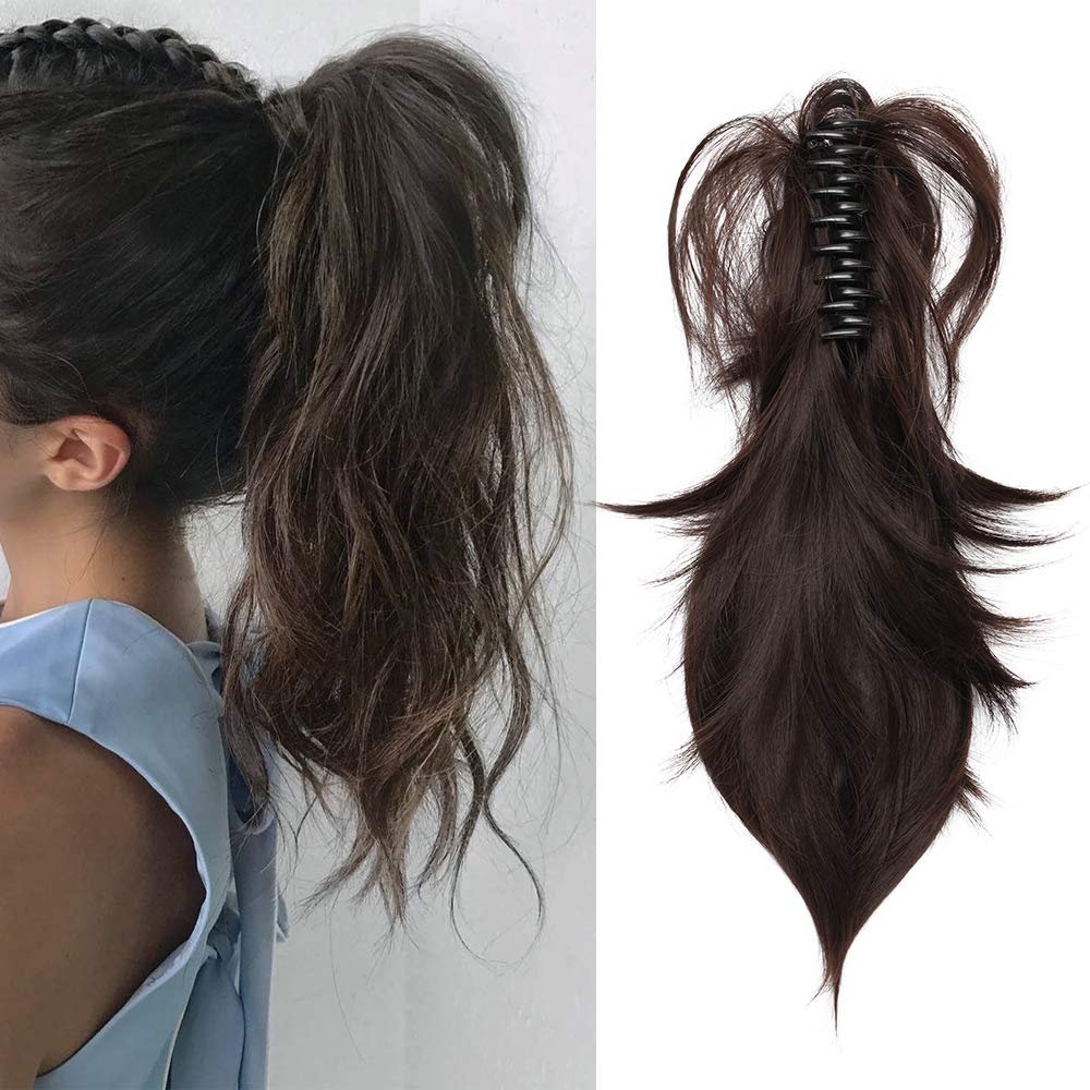 Claw on Ponytail Hair Extensions Bendable Short Pony Tail Synthetic Clip in Hairpiece [12inch Dark Brown]