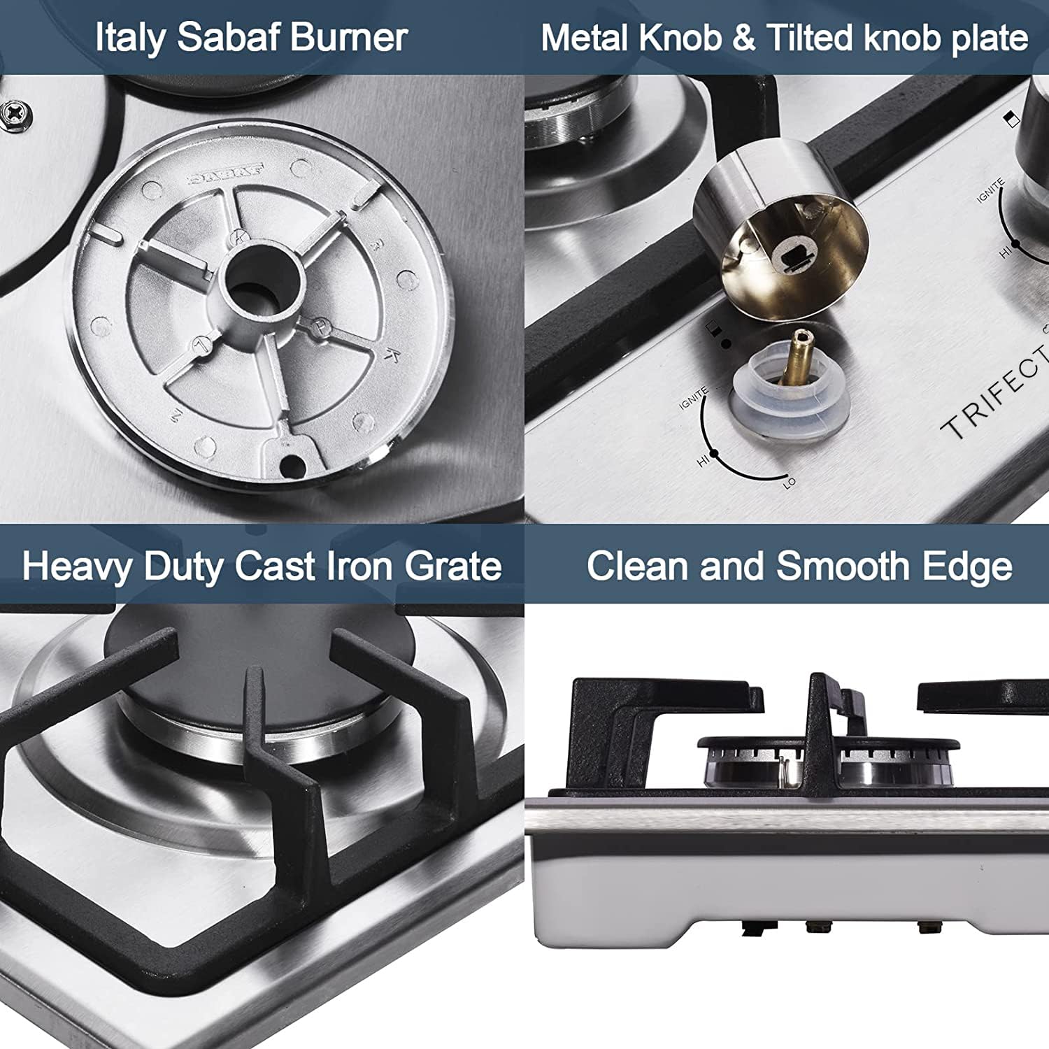 Trifecte 12 Inch Stainless Steel Gas Cooktop with 2 Italy Sabaf Sealed Burners, Portable Gas Stove Top for Apartment Outdoor RVs, NG/LPG Convertible Thermocouple Protection(Gas Regulator Not Included)