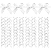 Twist Tie Bows, 100 Packs Satin Bows for Treat Bags Candy Bags Bakery Bags, Pre-Tied Ribbon Bows Gift Bows for Gift Wrapping Packaging, Wedding, Baptism, Tableware Decor Party Decoration (White)