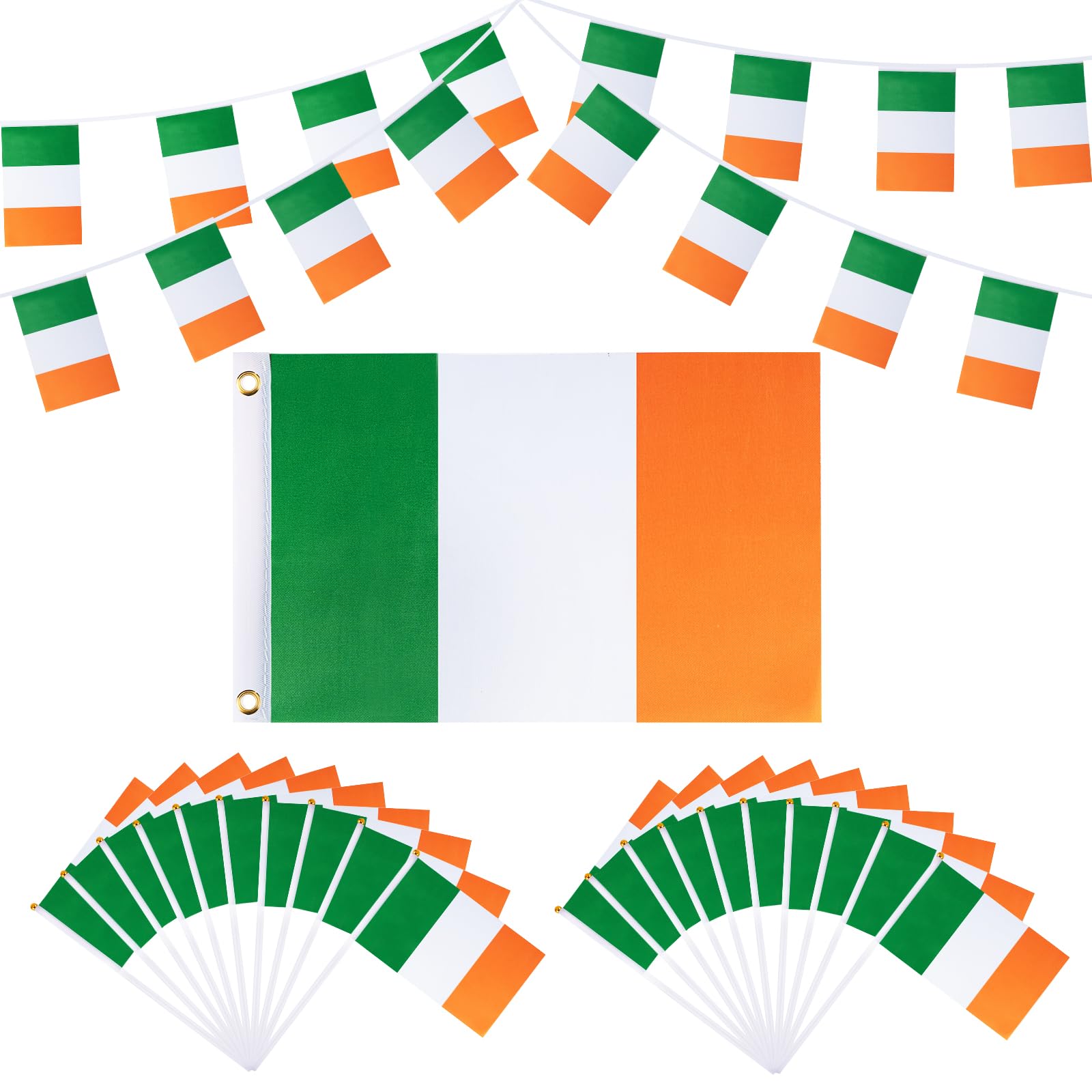 51 Pcs Irish Flags for St. Patrick's Day Party Decorations, Include 5ft x 3ft Double Sided Irish Flag, 20Pcs Hand Held Ireland Small Flags and 30Pcs Irish Flag Bunting
