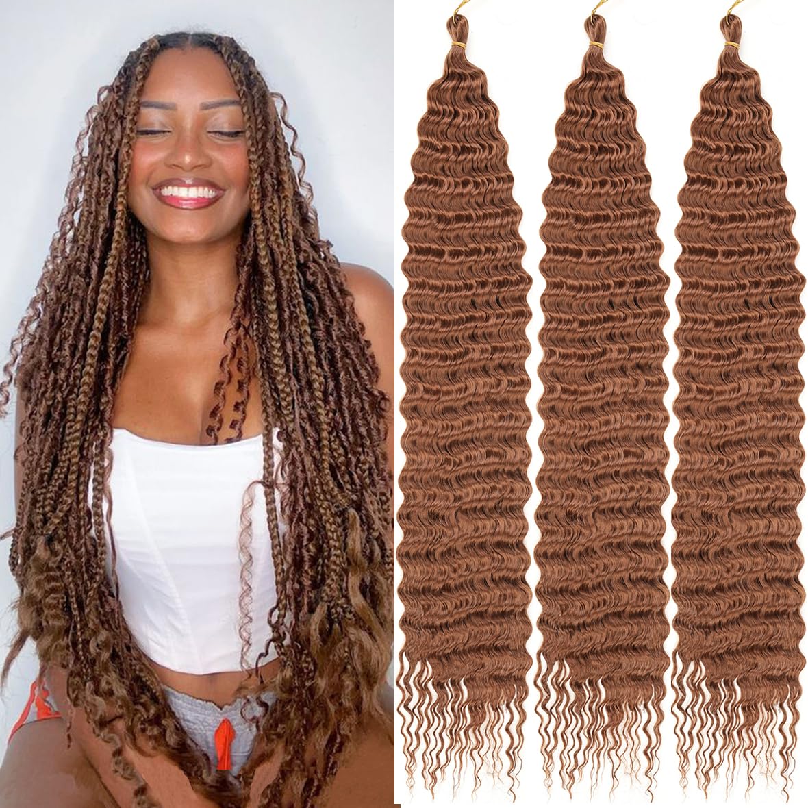 Kachanaa 7 Pack Honey Brown Pre-Separate Deep Wave Braiding Hair Extensions for Goddess Braids 30 Inch Ocean Wave Crochet Hair Synthetic Crochet Braiding Hair for Boho Box Braids /30#