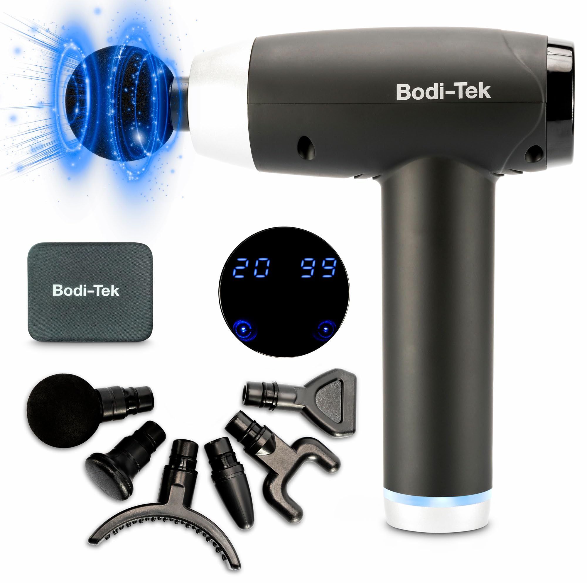 Bodi-Tek Massage Gun Deep Tissue, Muscle Percussion Massager with 20 Speeds, Quiet & Powerfull, LCD Touch Screen, 6 Heads for Shoulder Neck Body Back Relaxation, Powerful, Cordless, Rechargeable
