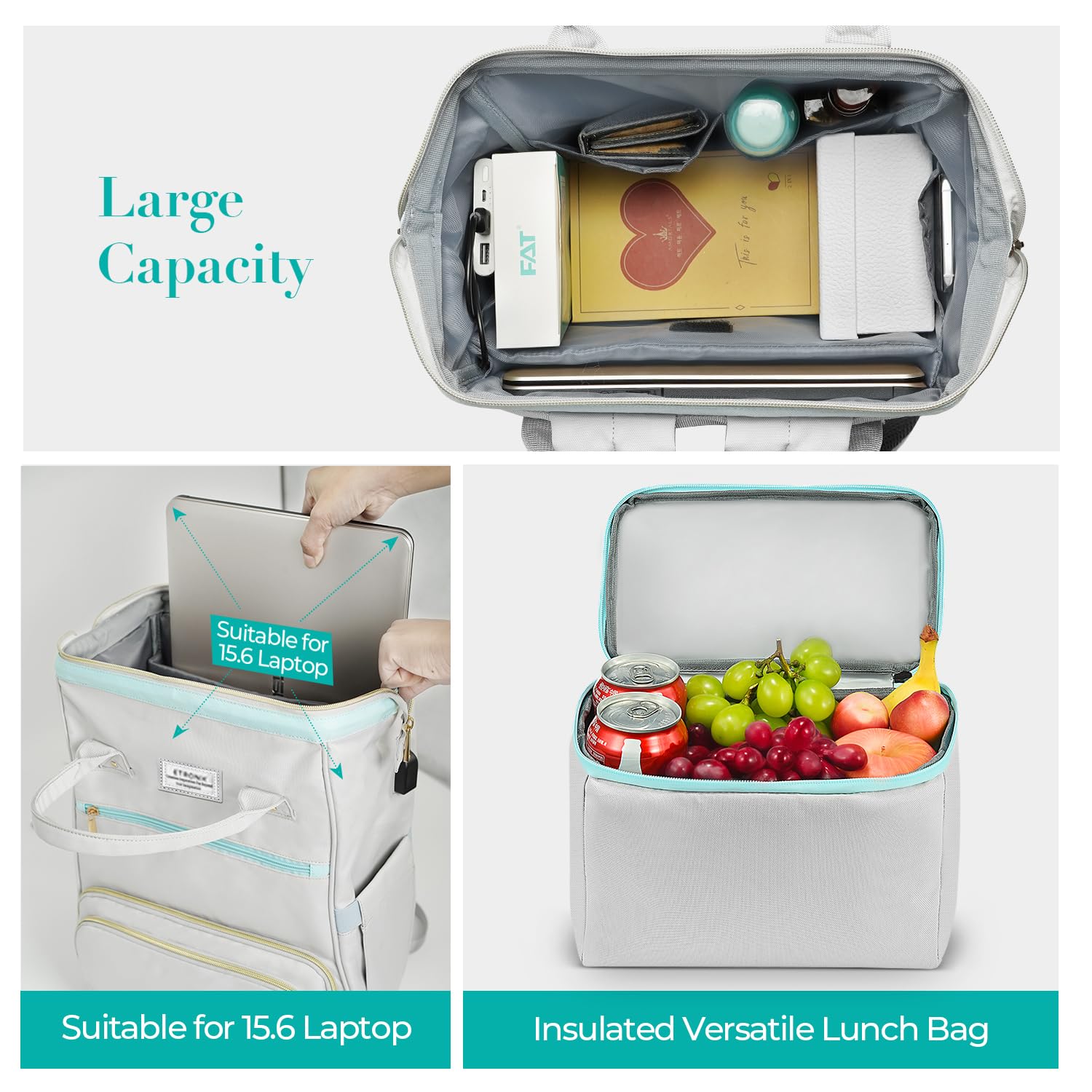 ETRONIK Lunch Backpack, 15.6 Inch Laptop Backpack with USB Port, Stylish Nurse, Teacher Work Bag with Insulated Cooler Lunch Box for Women Men, College Backpack for Travel, Grey Blue