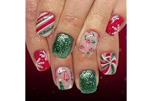 BLGTGH Christmas Press on Nails Short Square Fake Nails with Cute Holly Fruit Design Glossy Green Glitter Glue on Nails Christmas Tree Stick on Nail Reusable Holiday False Nail for Women Manicure 24Pcs