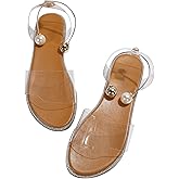 OYOANGLE Women's Pearl Decor Clear Straps Open Toe Flat Sandals Leather Outdoor Beach Sandals