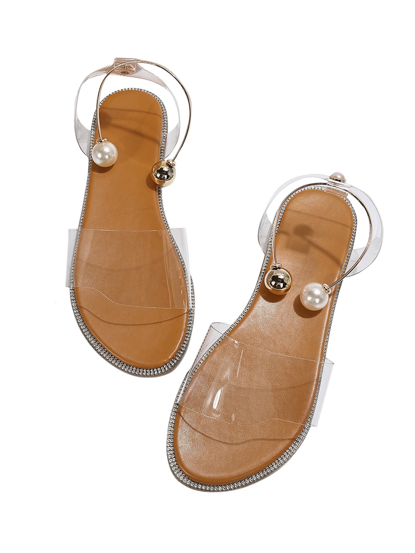 Photo 1 of OYOANGLE Women's Pearl Decor Clear Straps Open Toe Flat Sandals Leather Outdoor Beach Sandals Apricot 9.5