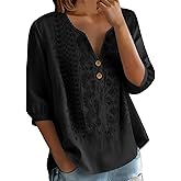 BAOQIN Embroidered Linen Shirts for Women - V Neck 3/4 Sleeve Length Boho Tops Plus Size 2026 Summer Dressy Casual Blouses