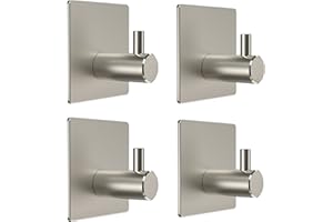 SAYONEYES Brushed Nickel Self Adhesive Towel Hooks for Bathroom Wall Door Mounted - SUS304 Stainless Steel Strong Strips Stick on 3M Wall Hooks for Hanging Coat, Hat, Bag, Key, Jacket – 4 Pack