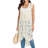 GLEAMISS Women's Crochet Long Vest Sleeveless Lace Cardigan Hollow Out Kimino Cover Up