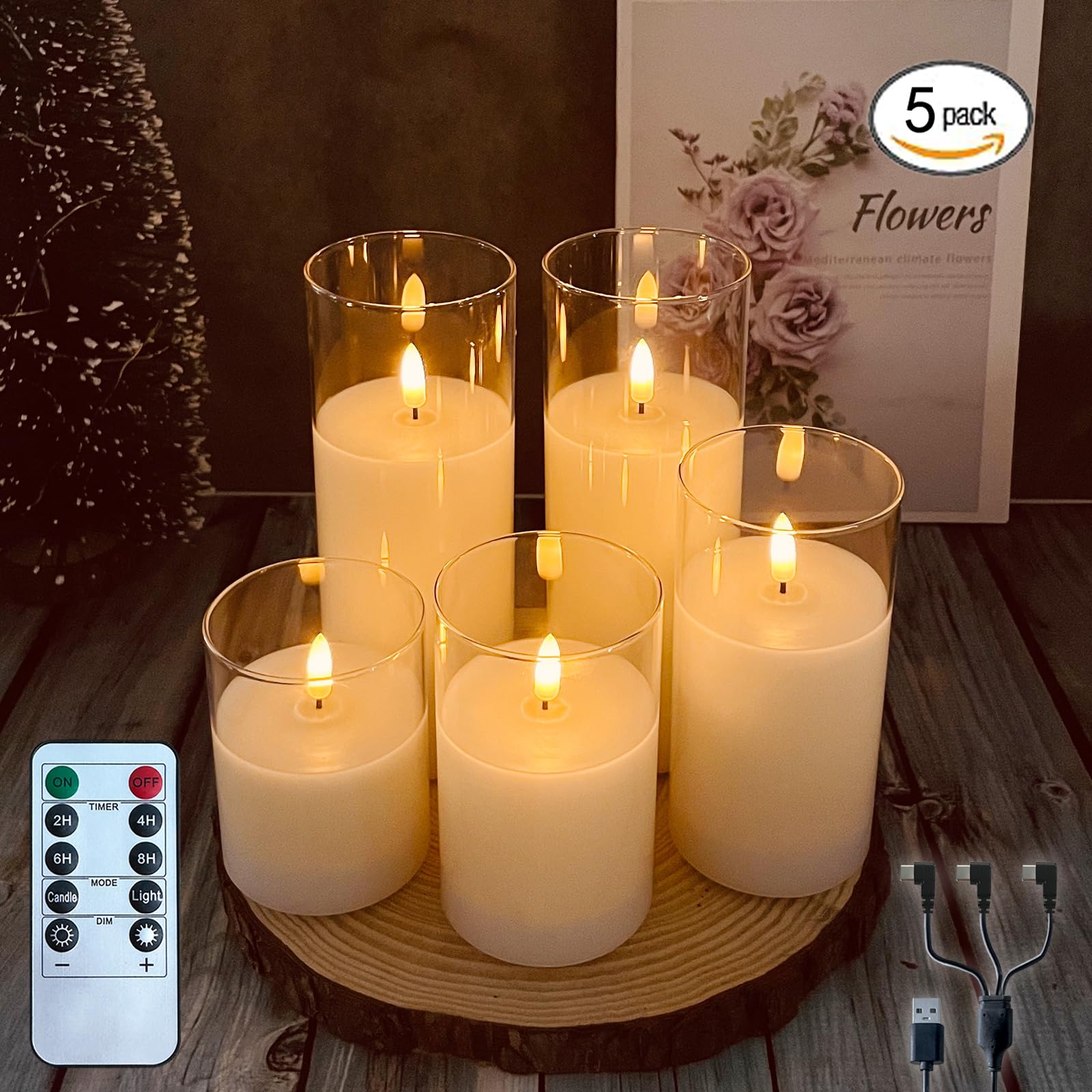 Photo 1 of LEDHOLYT Rechargeable Flameless Candle, Flashing LED Pillar Real Wax Candle with Remote Control and Timer, Teardrop Wick, Clear Glass Electronic Candles, 1 Set of 5
