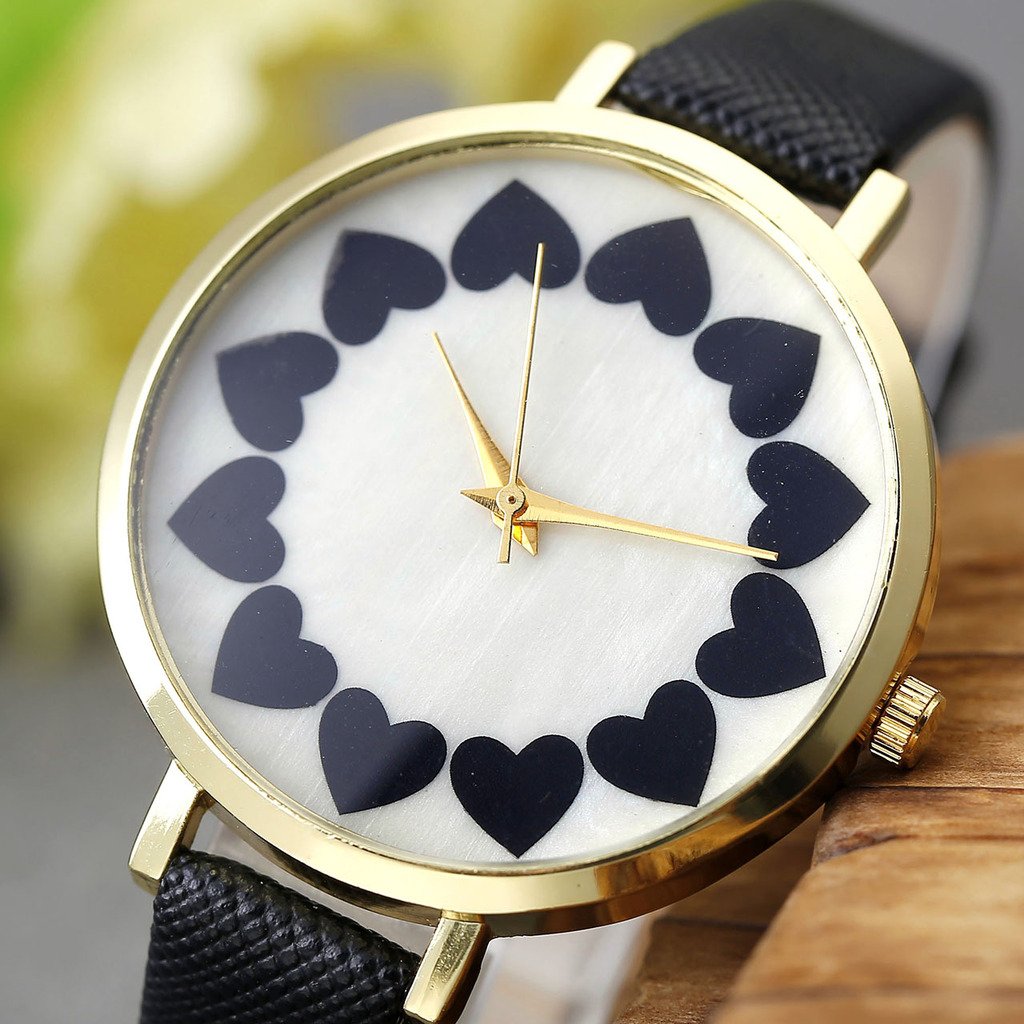 Top Plaza Heat Petals Dial Golden Alloy Case Small PU Leather Strap Analog Quartz Wrist Watch for Gilrs Women-Black