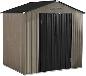MUPATER 8' x 6' Garden Storage Shed for Outdoor with Foundation, Metal Utility Tool Shed Kit for Backyard with Two Doors and Lock, Grey and Black
