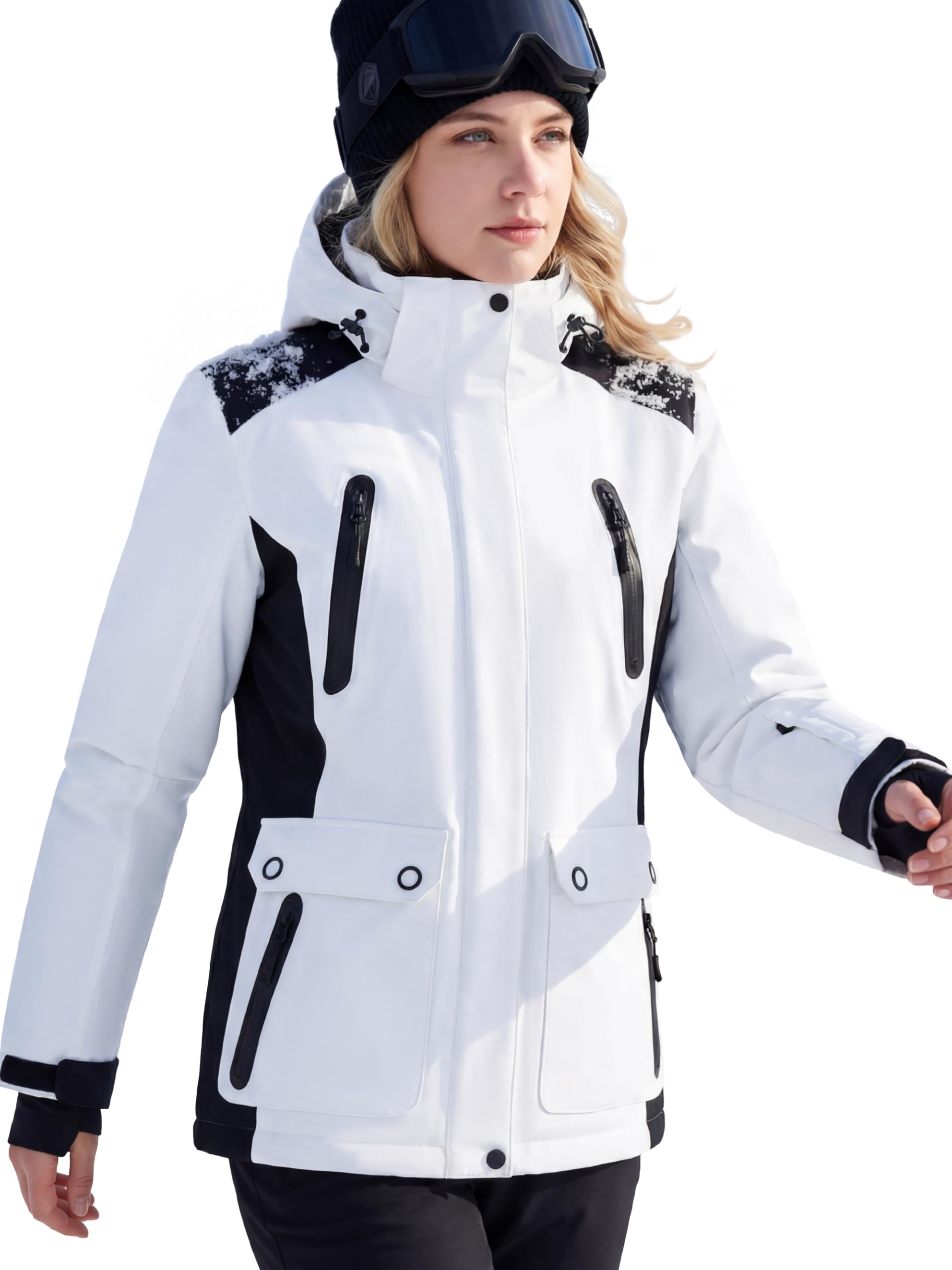 Photo 1 of FREE SOLDIER Women's Waterproof Ski Jacket Fleece Lined Winter Coat Windproof Hooded Jacket Fully Taped Seams (WhiteBlack,L)