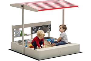 Outsunny Kids Sandbox with Cover, Wooden Sand Box with Adjustable Cover, Kitchen Playset Toys, Seat, Storage, Outdoor Sand Pl